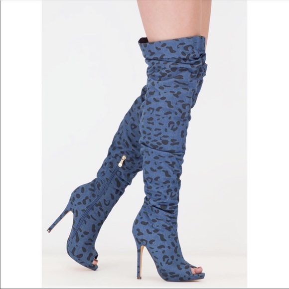LILIANA Blue Denim Scrunched Leopard Spot Heels - Picture 2 of 5
